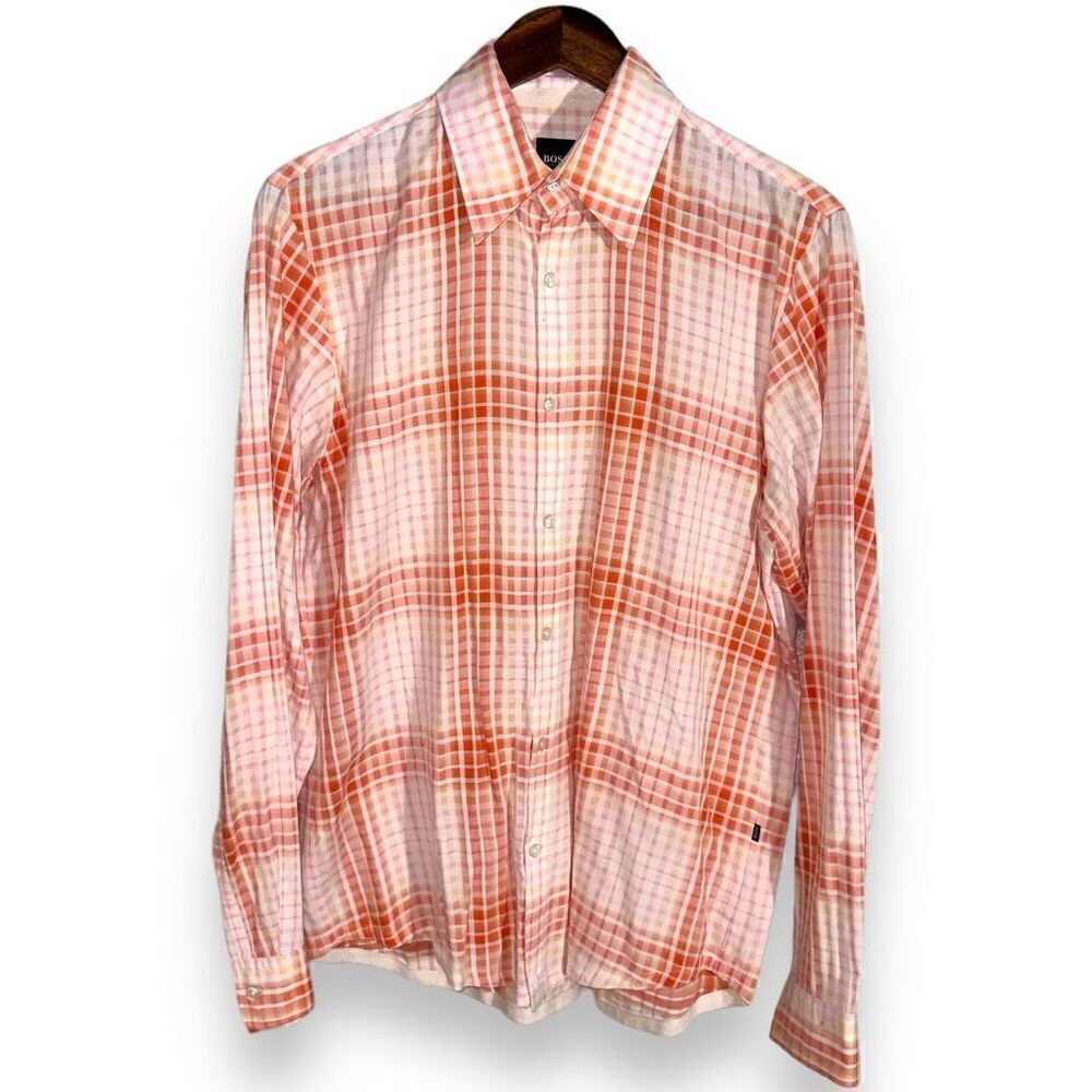 Hugo Boss Pink & White Check Button Up Dress Shirt M